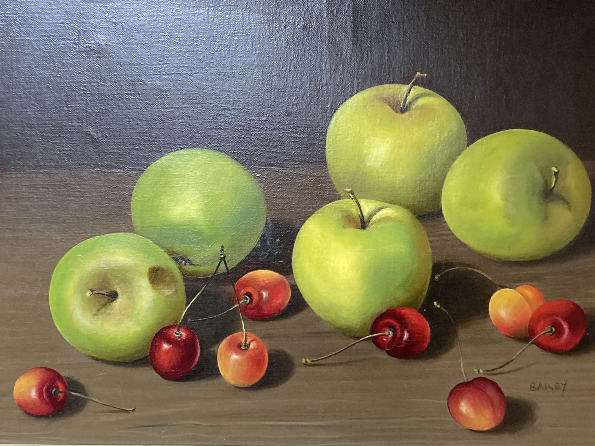 Bailey, oil on canvas, Still life of apples and cherries, signed, 24 x 34cm